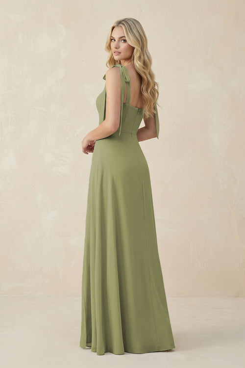 Robe de demoiselle d’honneur vert mousse longue en mousseline coupe trapèze à encolure carrée avec nœud - Harana