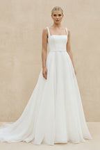 Robe de mariée blanche trapèze en mousseline sans manches col carré - Harana