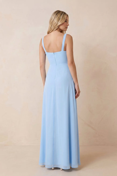 Robe bleu ciel longue en mousseline à encolure carrée avec fente - Harana