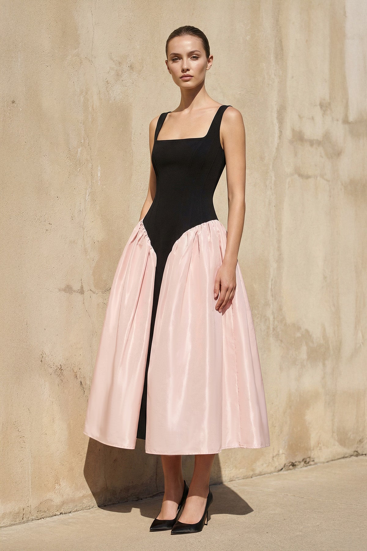 Robe midi black & pink à corset - Harana