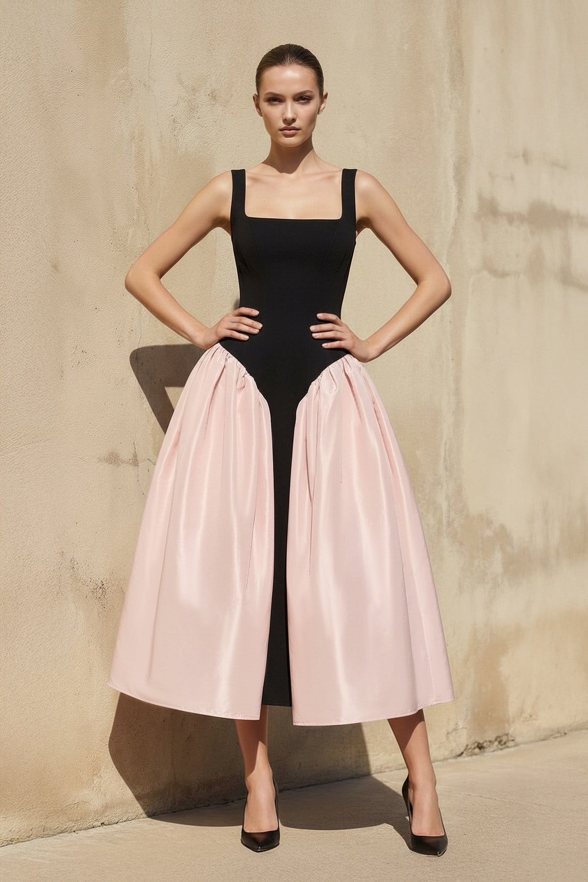 Robe midi black & pink à corset - Harana