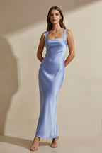 Robe longue steel blue satinée - Harana