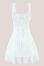 Robe blanche courte en dentelle et coton silhouette trapèze à encolure carrée - Harana