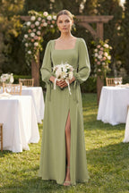 Robe demoiselle d’honneur moss green longue manches longues avec fente effet drapé - Harana