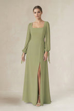 Robe demoiselle d’honneur moss green longue manches longues avec fente effet drapé - Harana