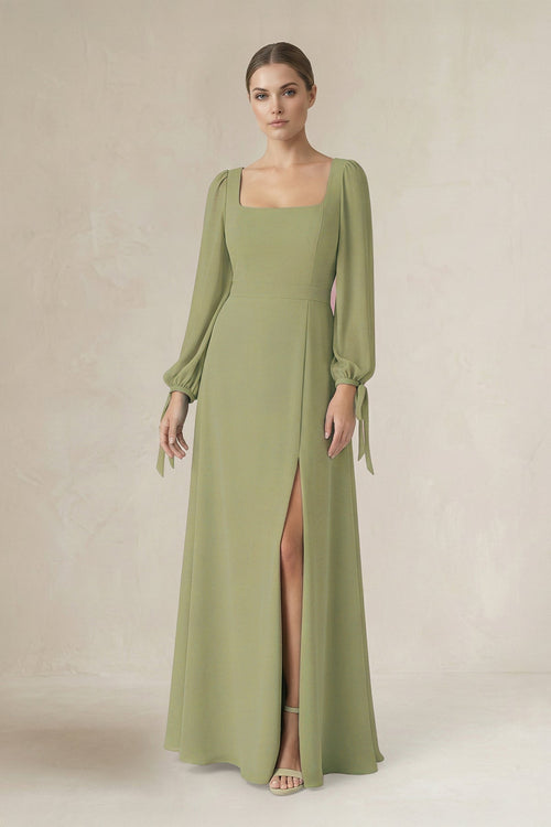 Robe de demoiselle d’honneur vert mousse longue en mousseline coupe trapèze à encolure carrée et manches longues - Harana
