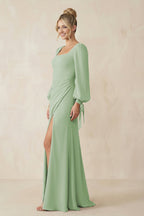 Robe demoiselle d’honneur vert sauge longue manches longues avec fente froncée - Harana