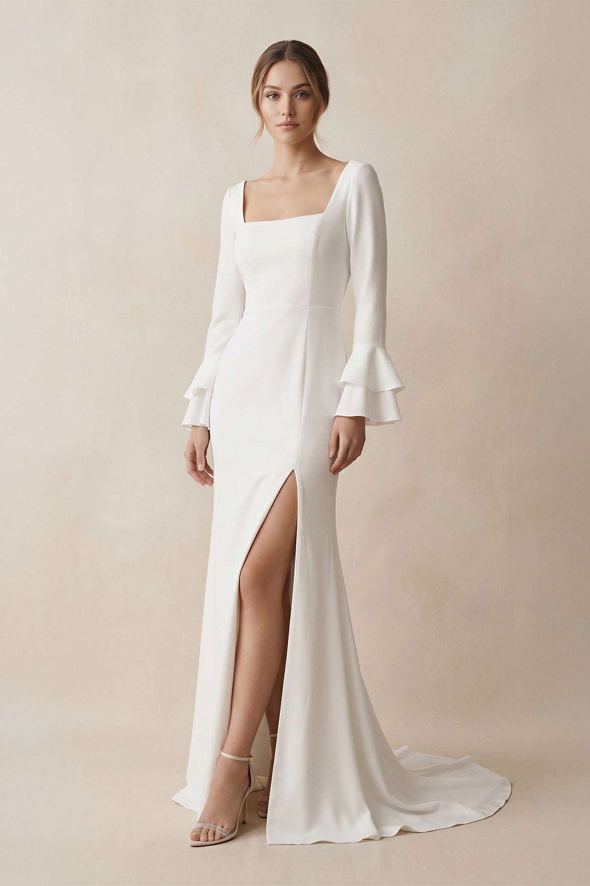 Robe de mariée blanche à encolure carrée et manches longues avec fente - Harana