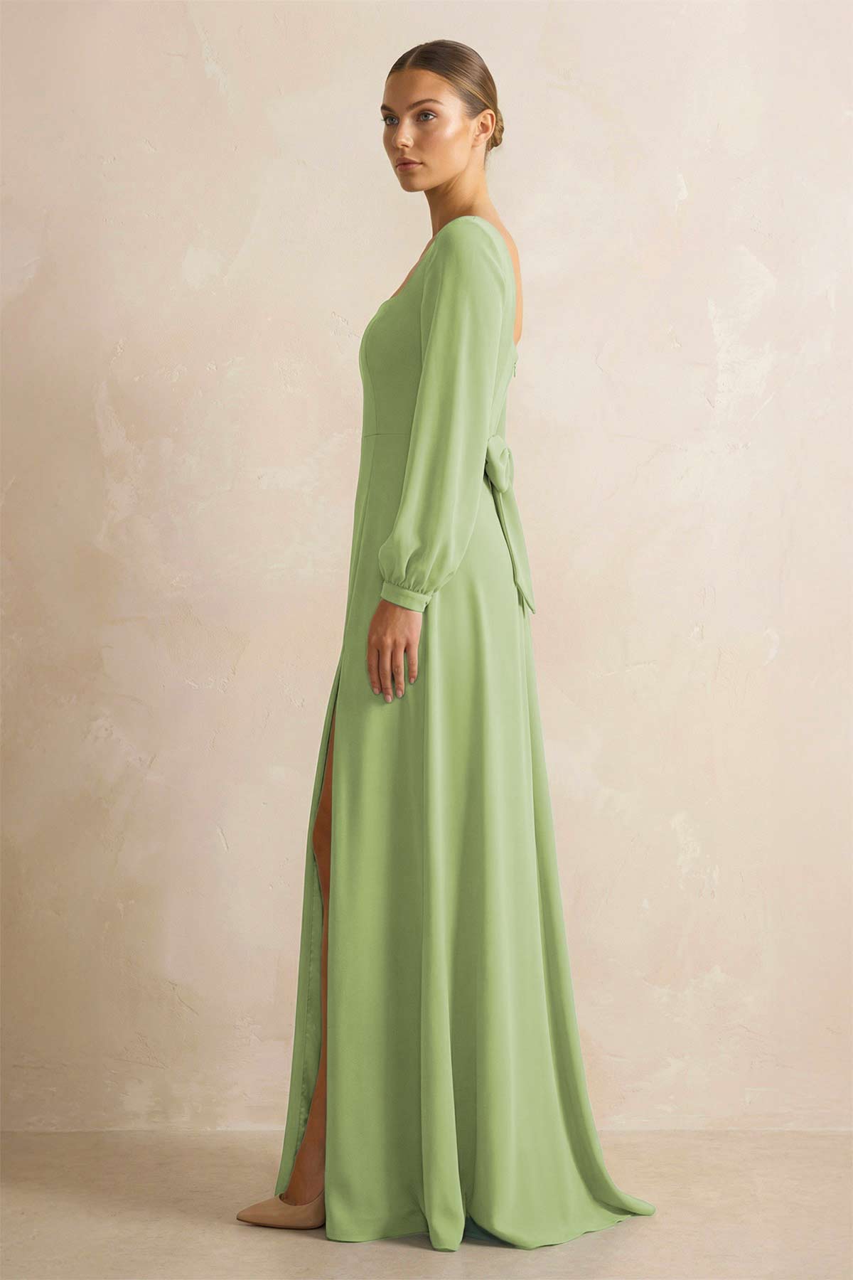 Robe demoiselle d’honneur matcha longue manches longues avec fente effet drapé - Harana