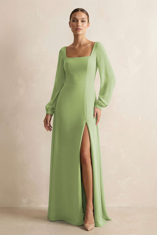 Robe de demoiselle d’honneur vert matcha longue en mousseline coupe fourreau à encolure carrée et manches longues - Harana