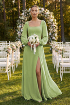 Robe demoiselle d’honneur matcha longue manches longues avec fente effet drapé - Harana