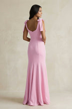 Robe demoiselle d’honneur rose longue sans manches avec nœud satinée - Harana