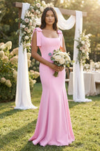 Robe demoiselle d’honneur rose longue sans manches avec nœud satinée - Harana