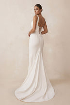 Robe de mariée blanche satinée coupe sirène à encolure carrée avec corset - Harana