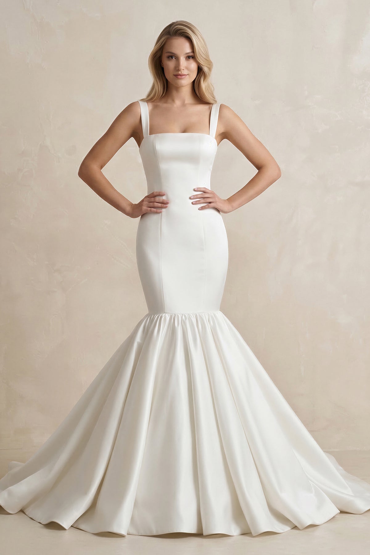 Robe de mariée blanche satinée silhouette sirène à encolure carrée - Harana