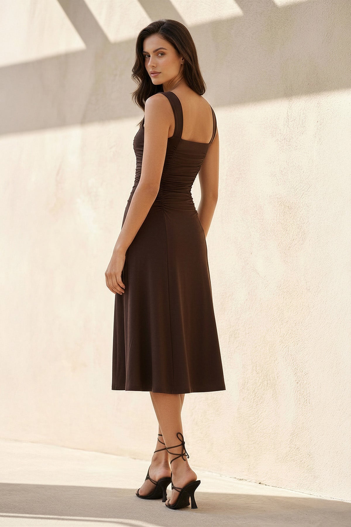 Robe midi marron effet drapé - Harana