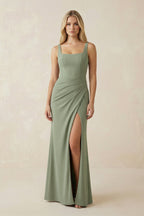 Robe demoiselle d’honneur dove gray longue sans manches avec fente froncée - Harana
