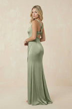 Robe demoiselle d’honneur matcha longue sans manches avec fente froncée - Harana