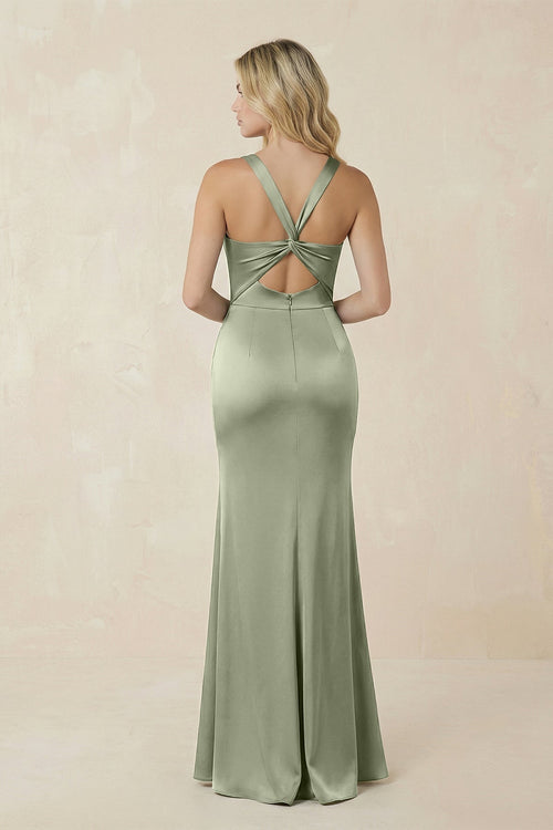 Robe de demoiselle d’honneur vert matcha longue satinée coupe fourreau à encolure carrée effet drapé - Harana