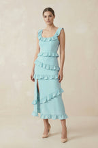 Robe demoiselle d’honneur bleached aqua longue sans manches avec fente à volants - Harana