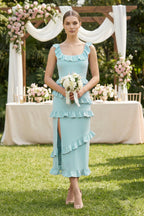 Robe demoiselle d’honneur bleached aqua longue sans manches avec fente à volants - Harana