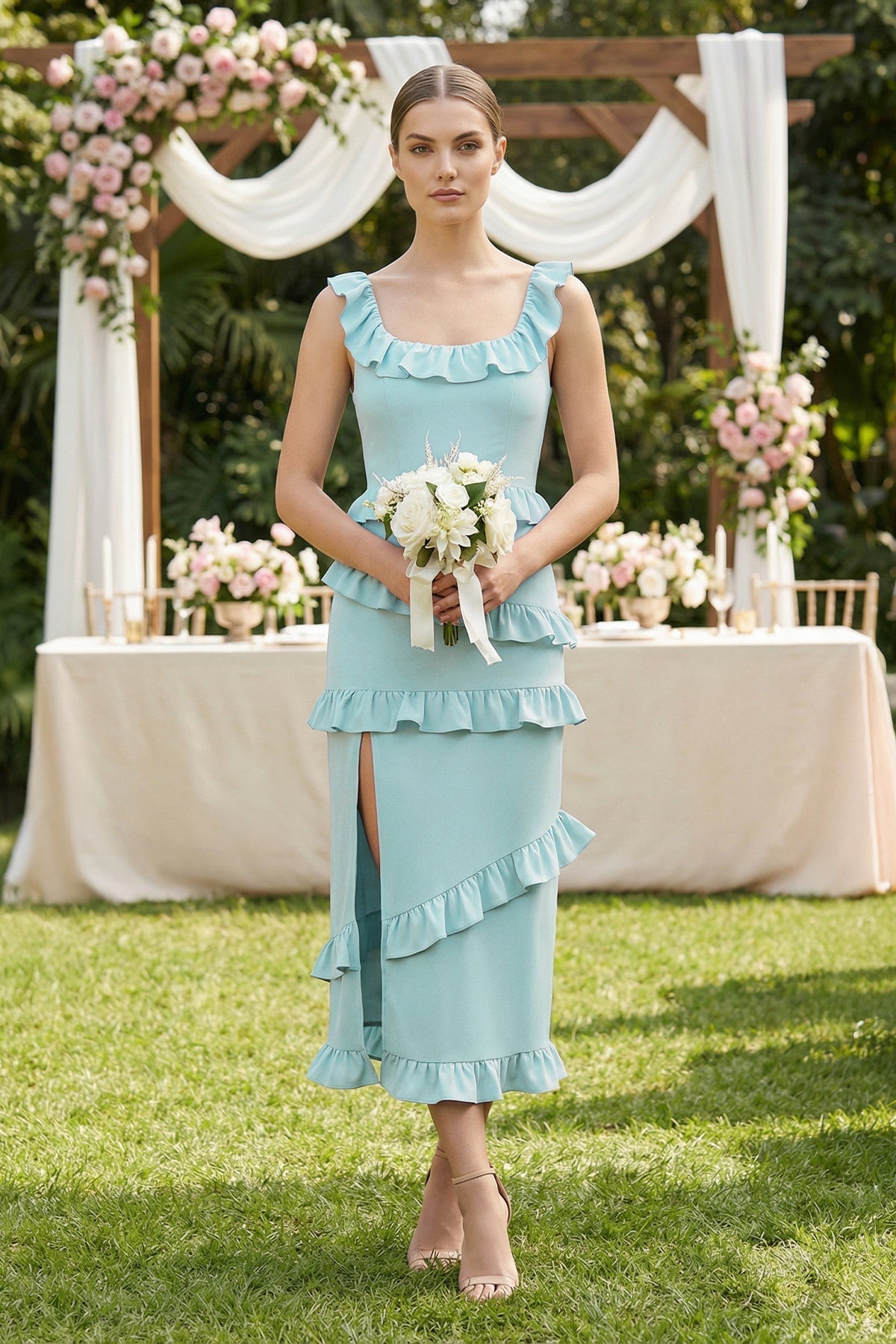 Robe demoiselle d’honneur bleached aqua longue sans manches avec fente à volants - Harana