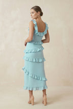 Robe demoiselle d’honneur bleached aqua longue sans manches avec fente à volants - Harana