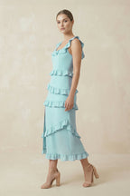 Robe demoiselle d’honneur bleached aqua longue sans manches avec fente à volants - Harana