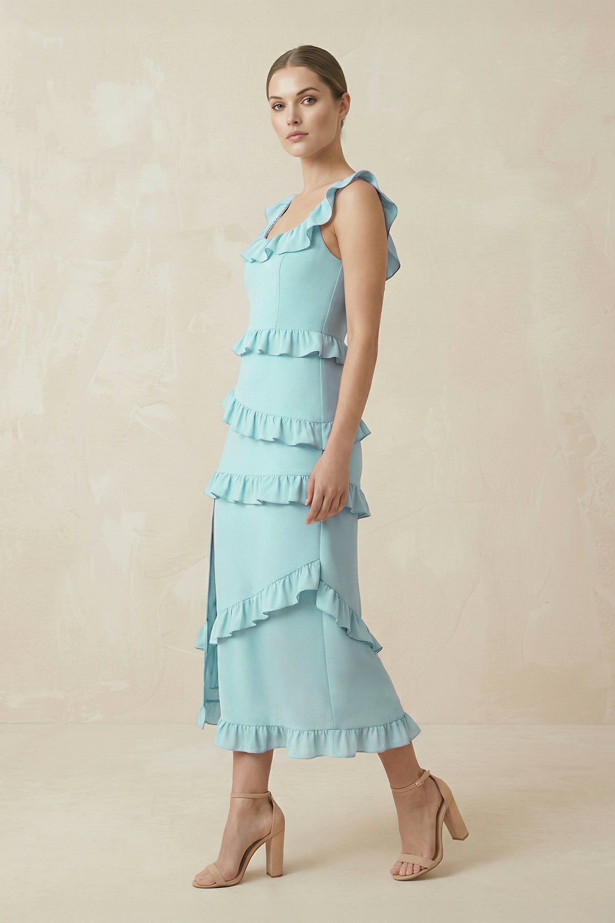 Robe demoiselle d’honneur bleached aqua longue sans manches avec fente à volants - Harana
