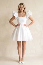 Robe de mariée blanche trapèze en satin manches courtes à corset - Harana
