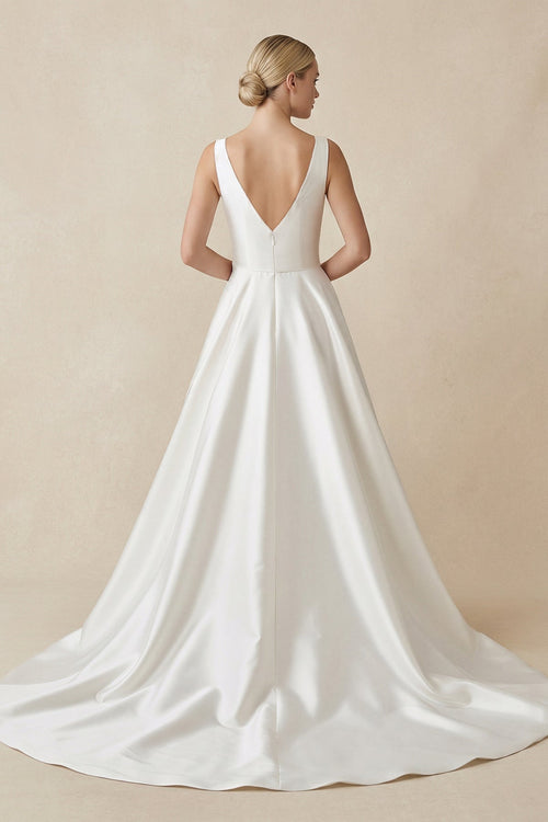 Robe de mariée blanc courte sans manches froncée satinée - Harana