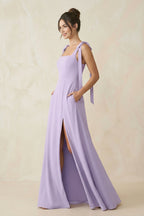 Robe demoiselle d’honneur lavande longue sans manches avec fente effet drapé - Harana