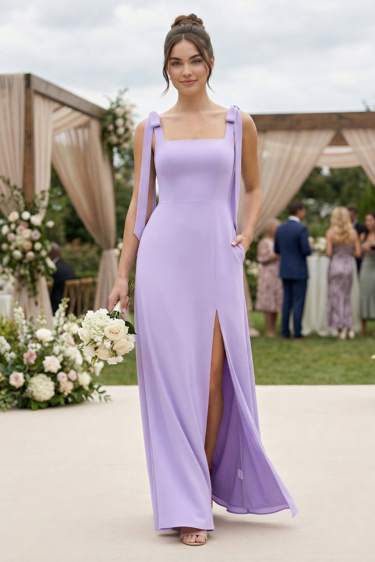 Robe demoiselle d’honneur lavande longue sans manches avec fente effet drapé - Harana