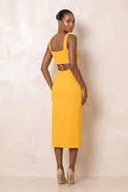 Robe jaune midi coupe fourreau à encolure carrée avec fente - Harana