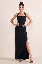 Robe noire longue satinée coupe fourreau avec fente - Harana