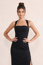 Robe noire longue satinée coupe fourreau avec fente - Harana