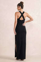 Robe noire longue satinée coupe fourreau avec fente - Harana