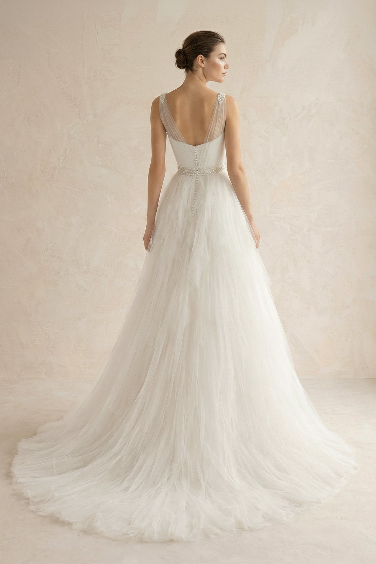 Robe de mariée ivoire longue bustier sans manches en tulle - Harana