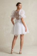 Robe de mariée blanche trapèze en tulle manches courtes col carré - Harana