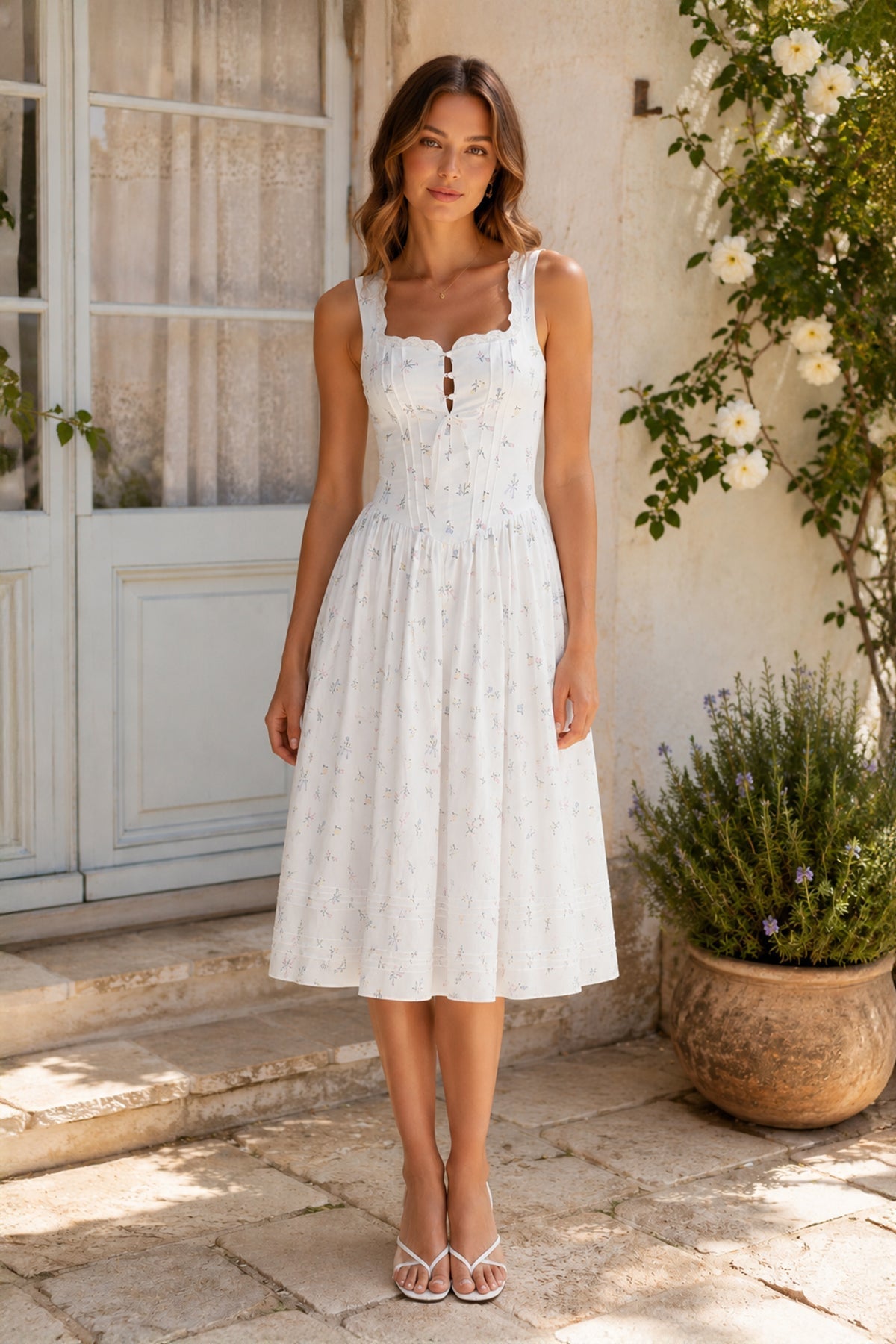 Robe blanche midi en coton à encolure carrée et imprimé floral rétro - Harana