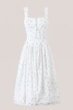 Robe blanche midi en coton à encolure carrée et imprimé floral rétro - Harana
