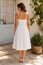 Robe blanche midi en coton à encolure carrée et imprimé floral rétro - Harana