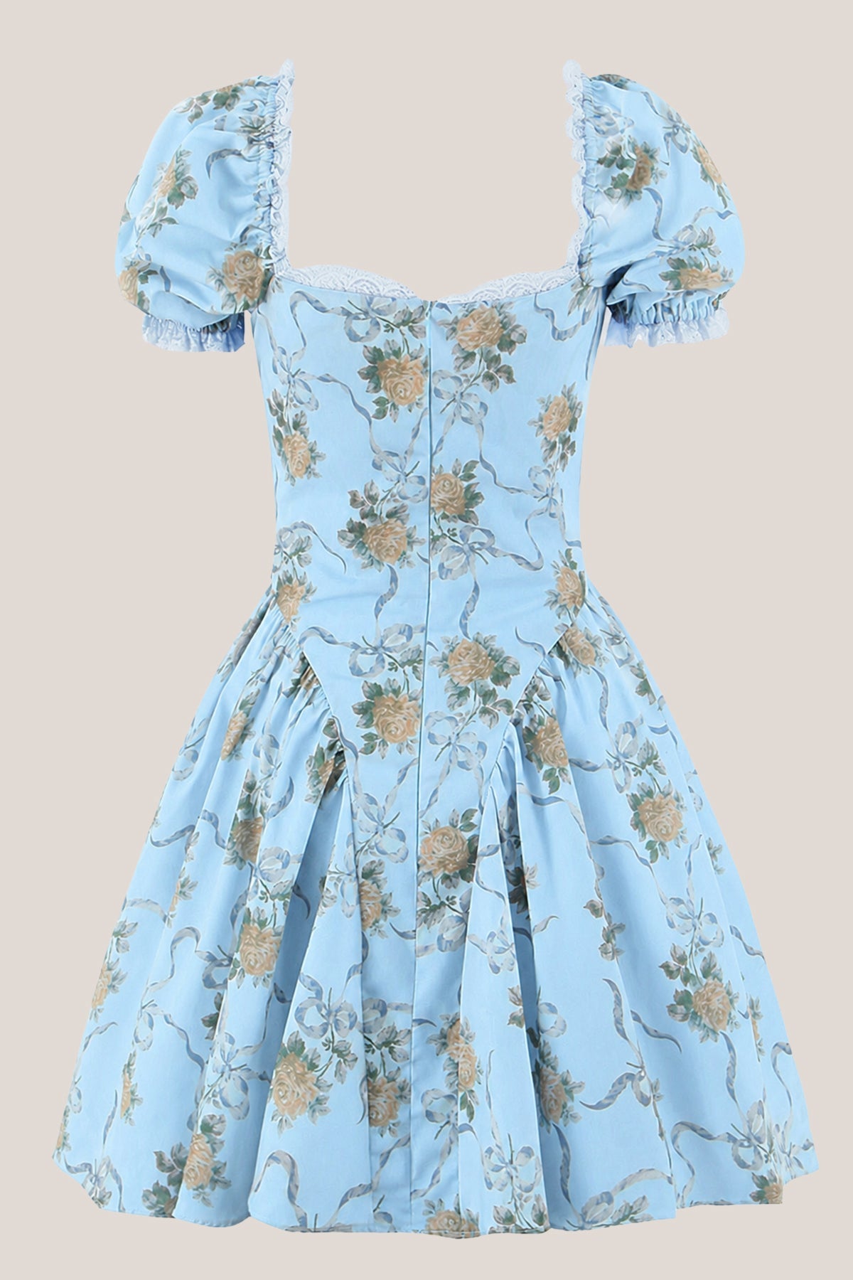 Robe bleue courte en coton à encolure carrée et imprimé floral rétro - Harana
