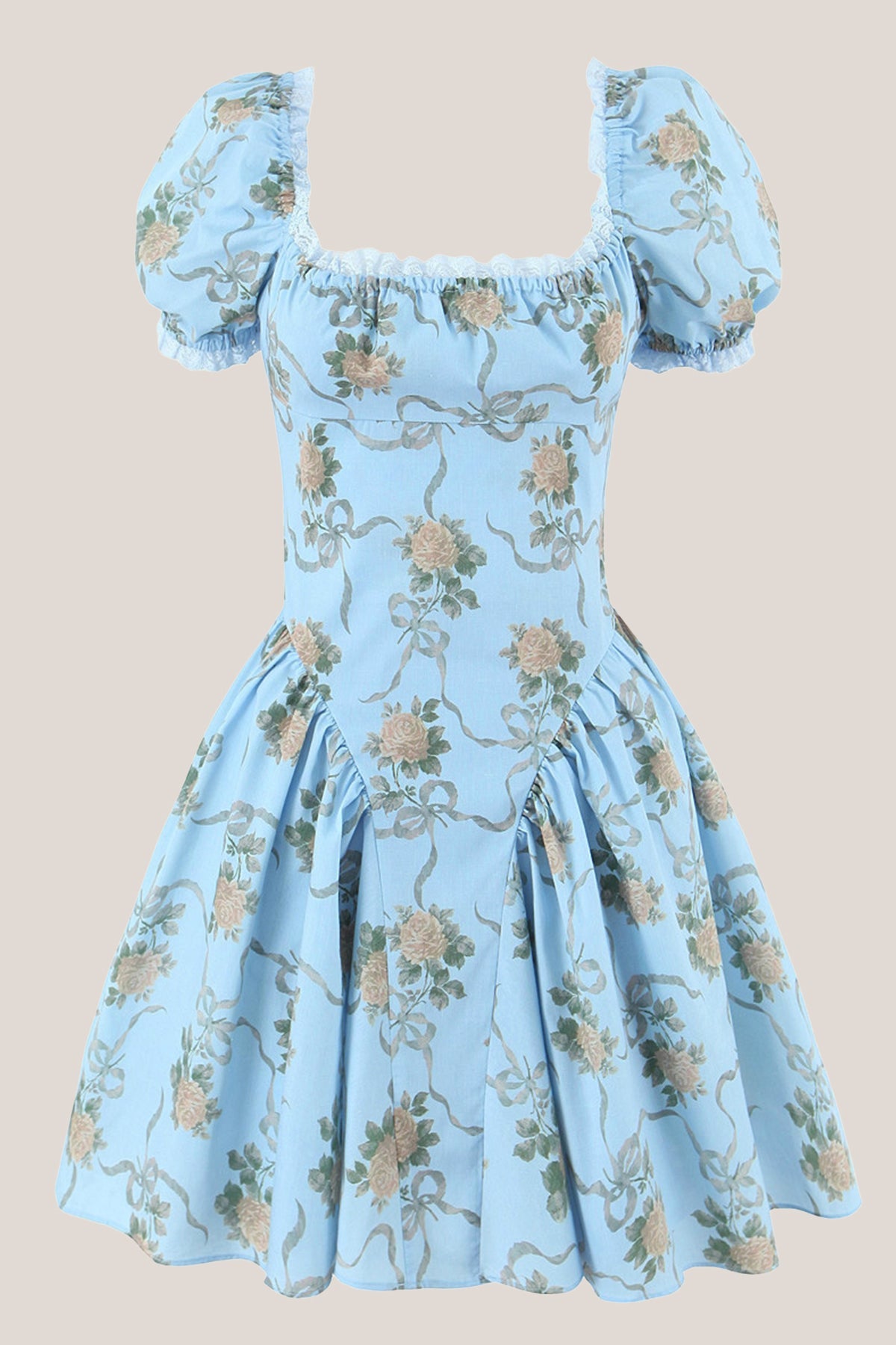 Robe bleue courte en coton à encolure carrée et imprimé floral rétro - Harana