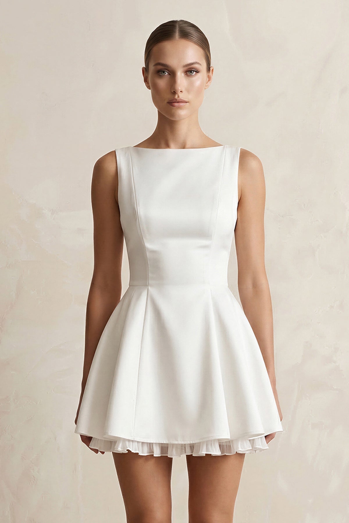 Robe de mariée blanche trapèze en satin sans manches avec nœud - Harana