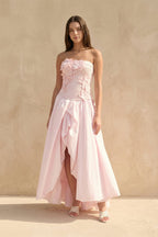 Robe longue rose bustier à appliqués - Harana