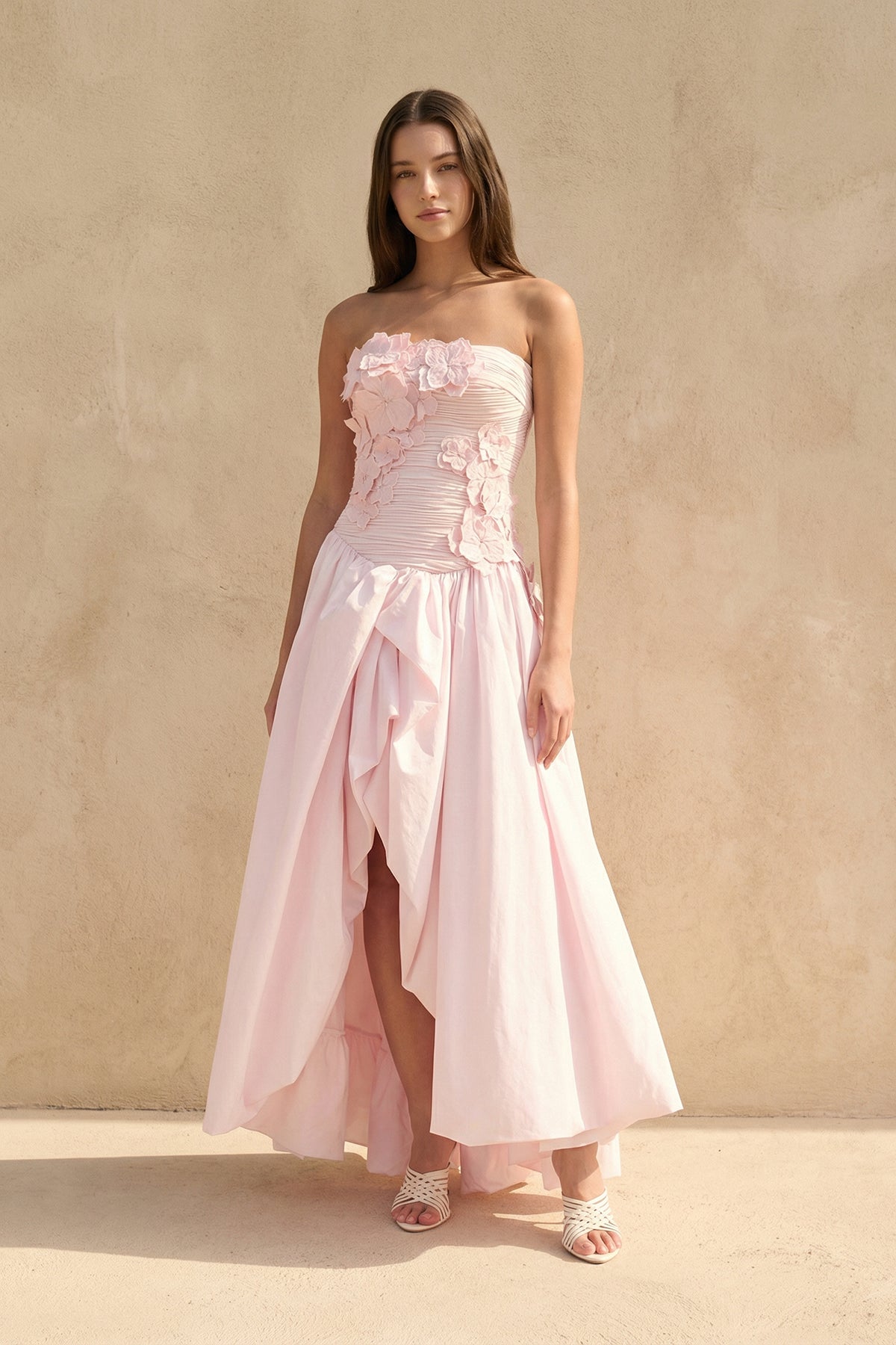 Robe longue rose bustier à appliqués - Harana