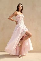 Robe longue rose bustier à appliqués - Harana
