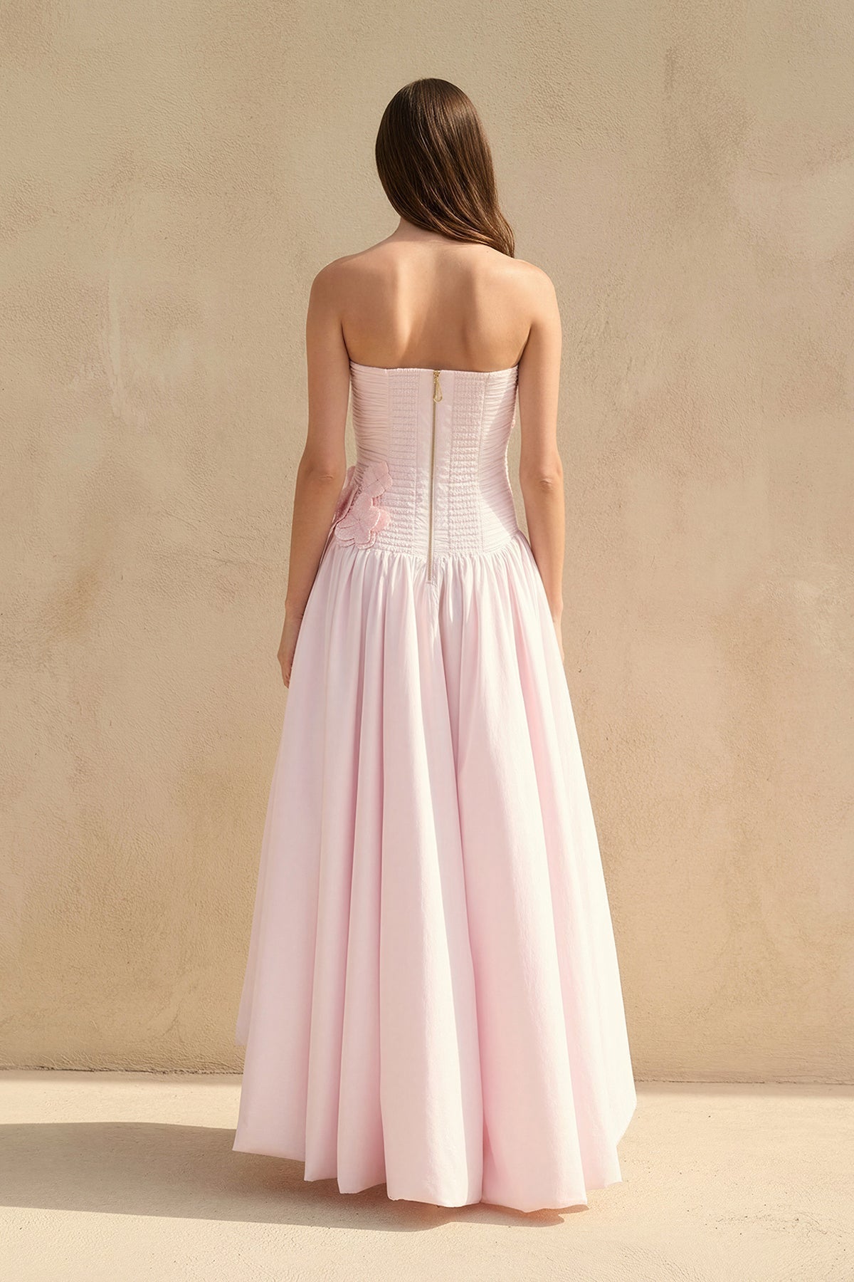 Robe longue rose bustier à appliqués - Harana