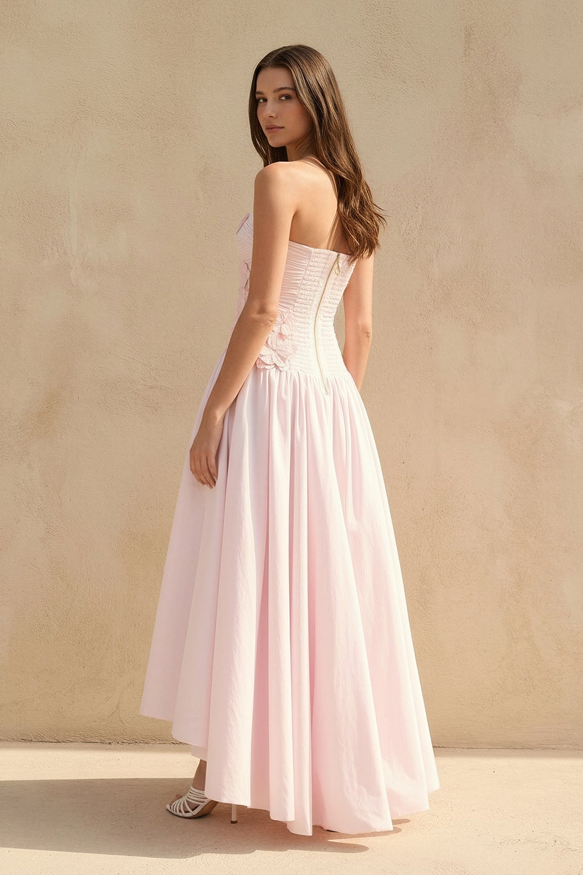 Robe longue rose bustier à appliqués - Harana